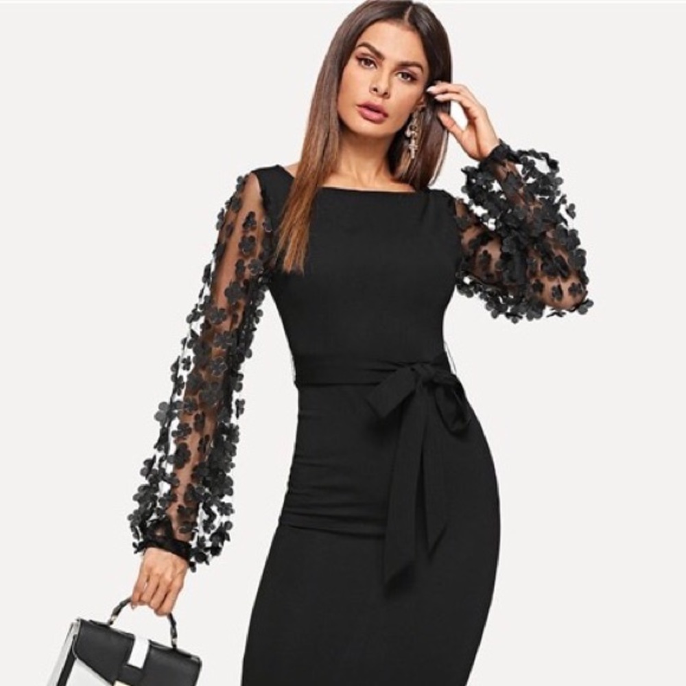 Black Dress Sheer Sleeves Flower embellishments
